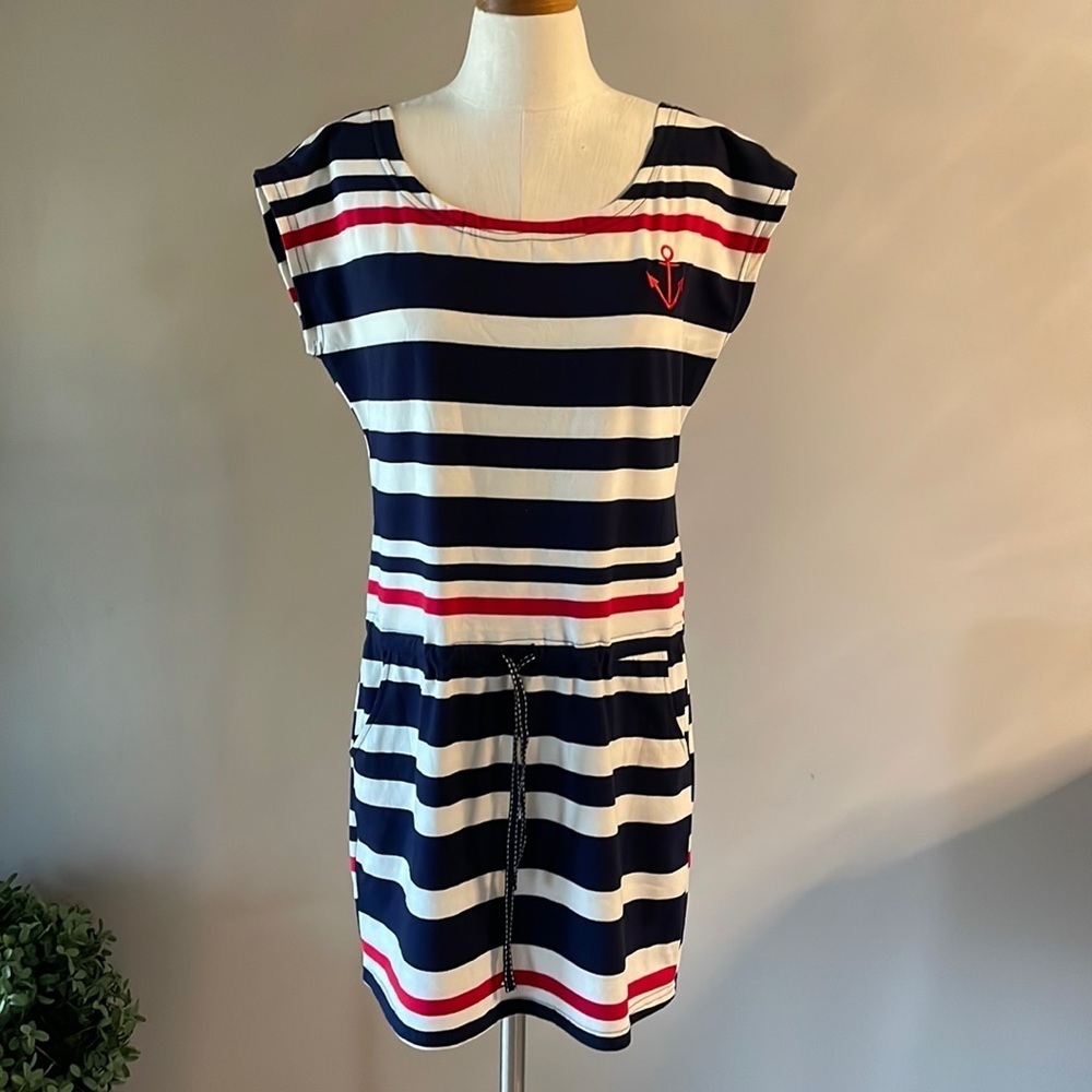 Beach by Exist NAUTICAL striped mini dress drop waist draw string red white blue